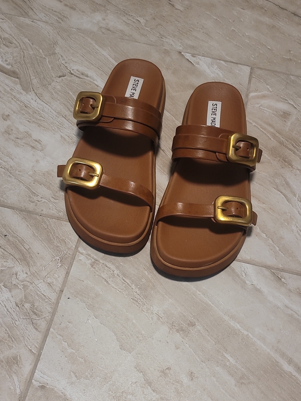 Steve Madden Tan Double-Buckle Slide Sandals with Gold Buckles
